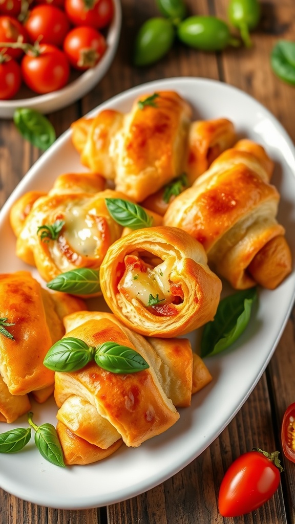 Golden cheesy garlic tomato crescent rolls on a plate with basil and cherry tomatoes.
